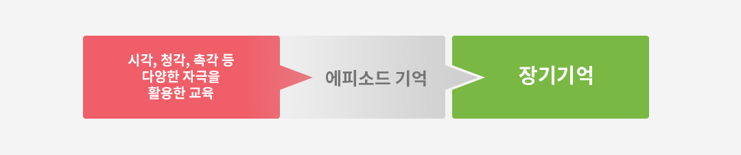 시각, 청각, 촉각 등  다양한 자극을  활용한 교육 -> 에피소드 기억 -> 장기지억